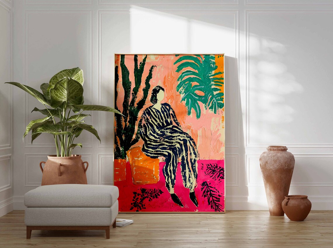 Seated Woman in Striped Dress Bold Colorful Tropical Art Poster - Image 2