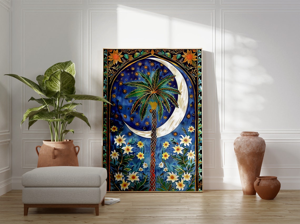 Islamic Crescent Moon Palm Night Sky Art Print Glowing Starry Decor - Image 3