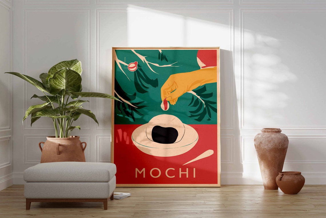 Mochi Japanese Dessert Hand Retro Red Teal Kitchen Food Poster - Image 3