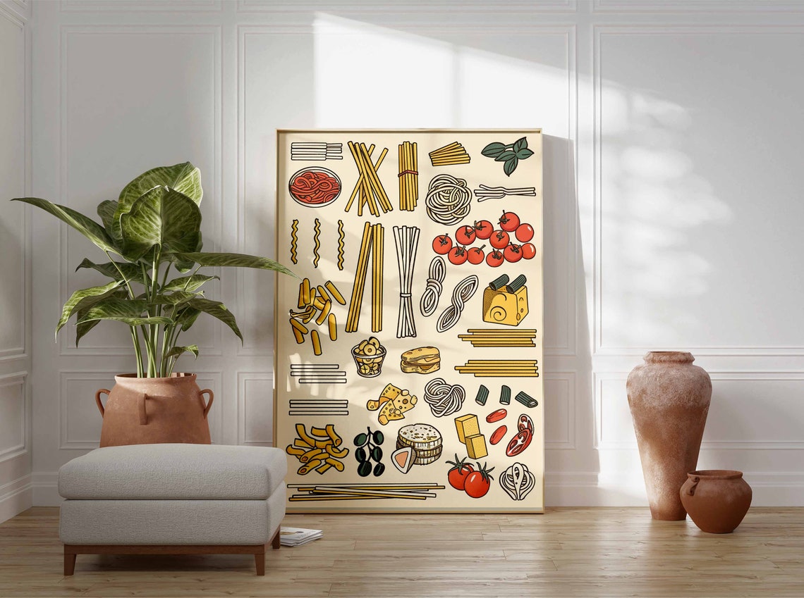Hand Drawn Pasta Shapes with Tomato Basil Kitchen Poster Italy Food - Image 3