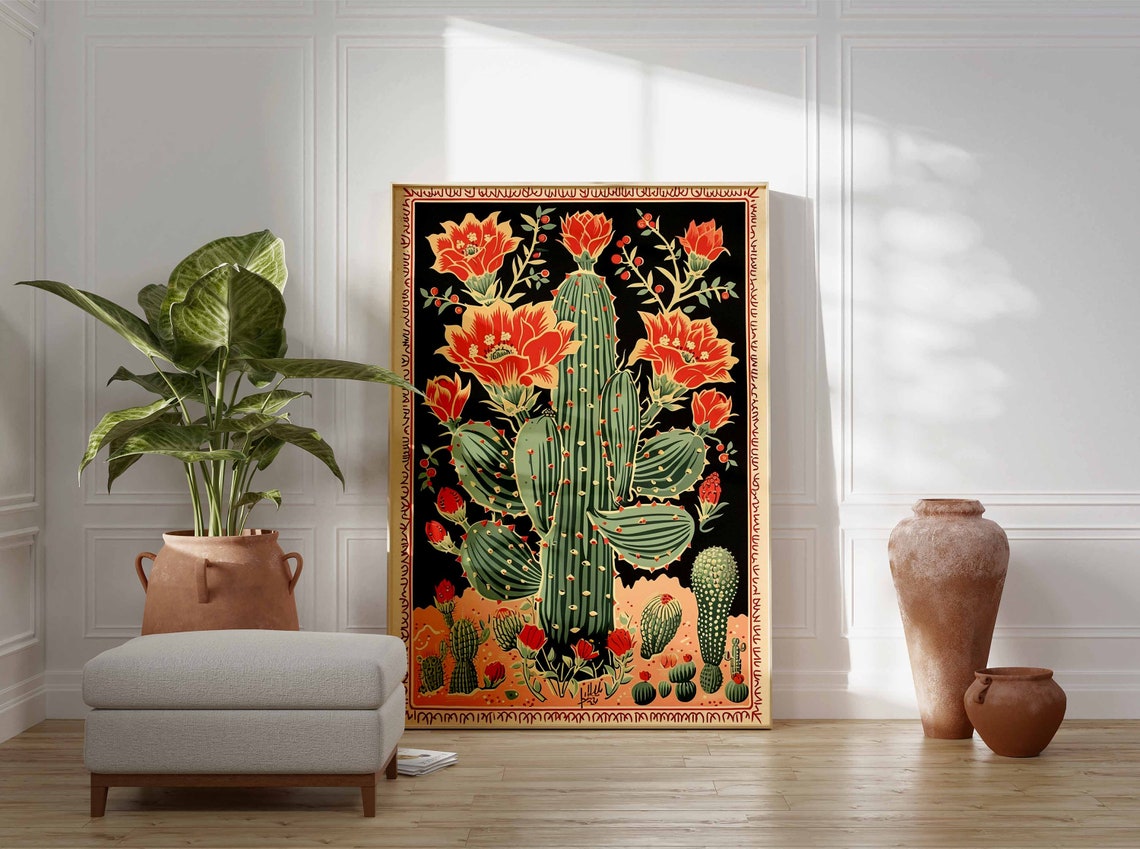 Vintage Mexican Blooming Cactus Folk Art Picturesque Wall Art - Image 3