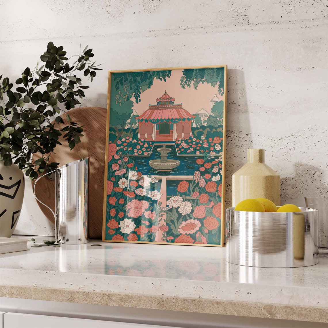 Pink Pavilion Fountain Indian Palace Garden Floral Art Poster - Image 3