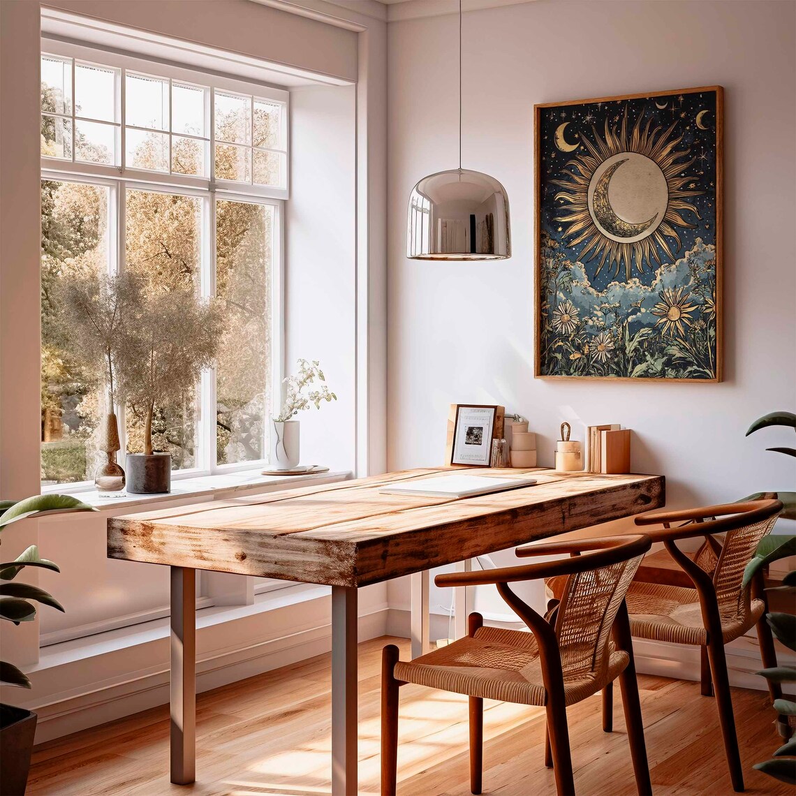 Golden Sun With Crescent Moon Above Vintage Wildflowers Poster - Image 2