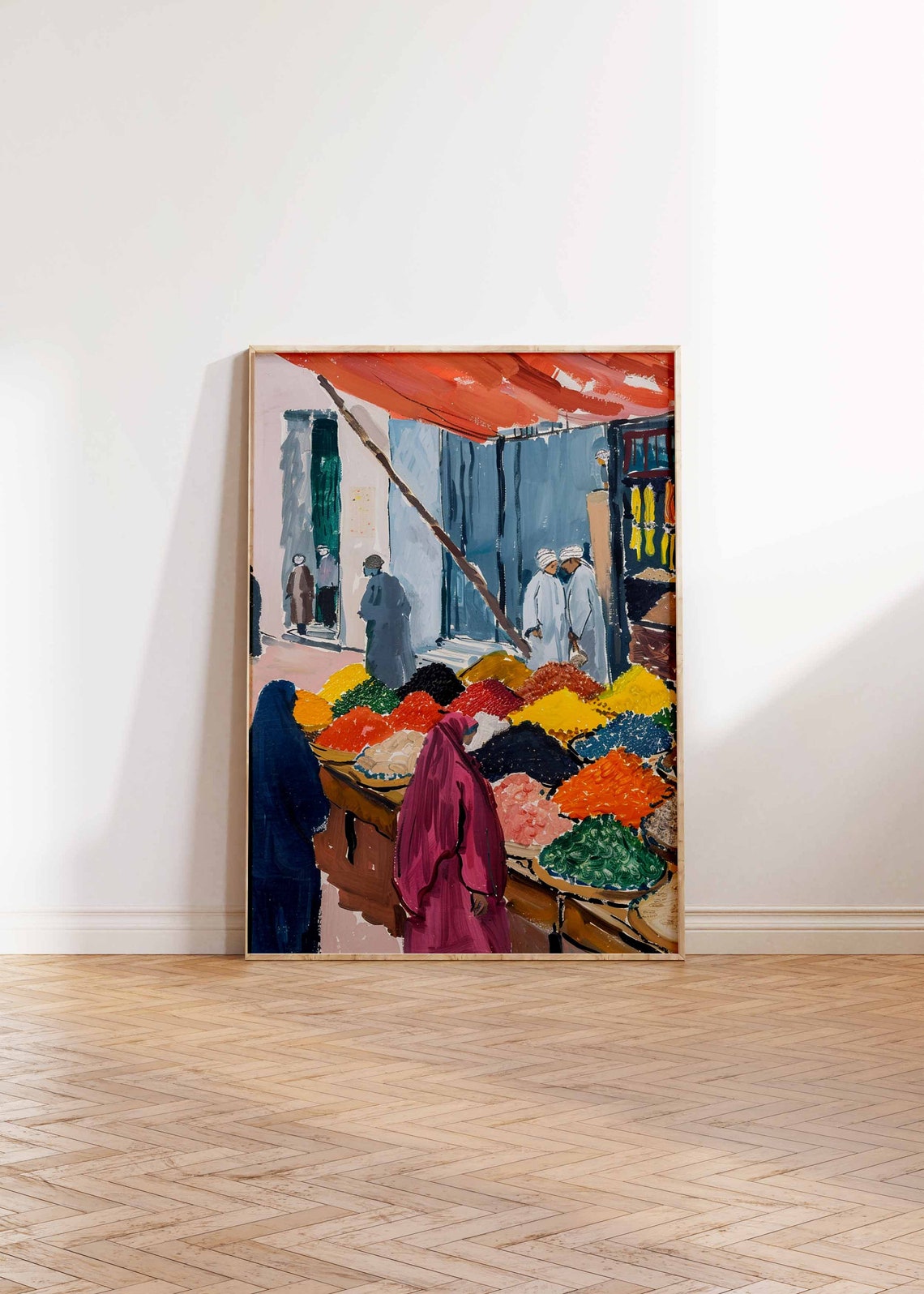 Vibrant Colorful Spice Market Stalls and Shoppers Bazaar Poster - Image 2