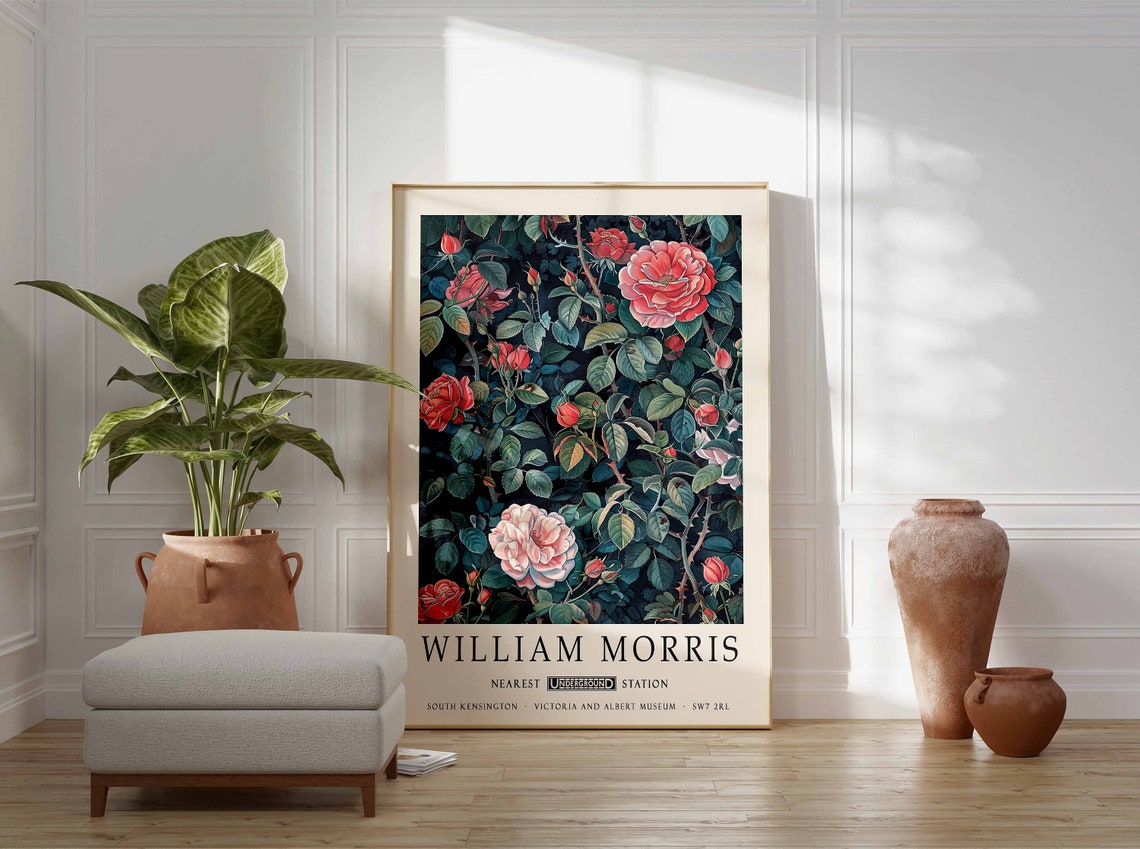 William Morris Pink and Red Rose Bush Floral Garden Exhibition Poster - Image 3
