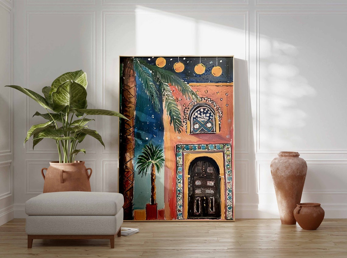 Moroccan Night Scene Palm Lanterns Starry Sky Doorway Art Poster - Image 2