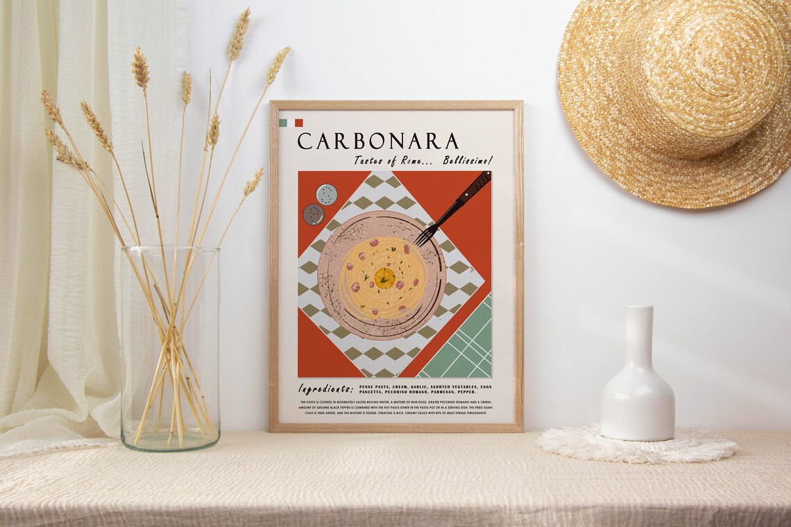 Carbonara Pasta Rome Italian Recipe Kitchen Retro Food Art Poster - Image 2