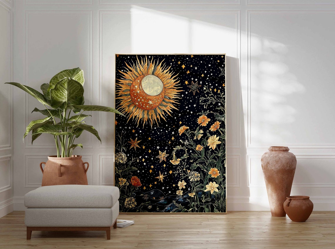 Fiery Eclipsed Sun And Moon Over Midnight Garden Blooms Poster - Image 3