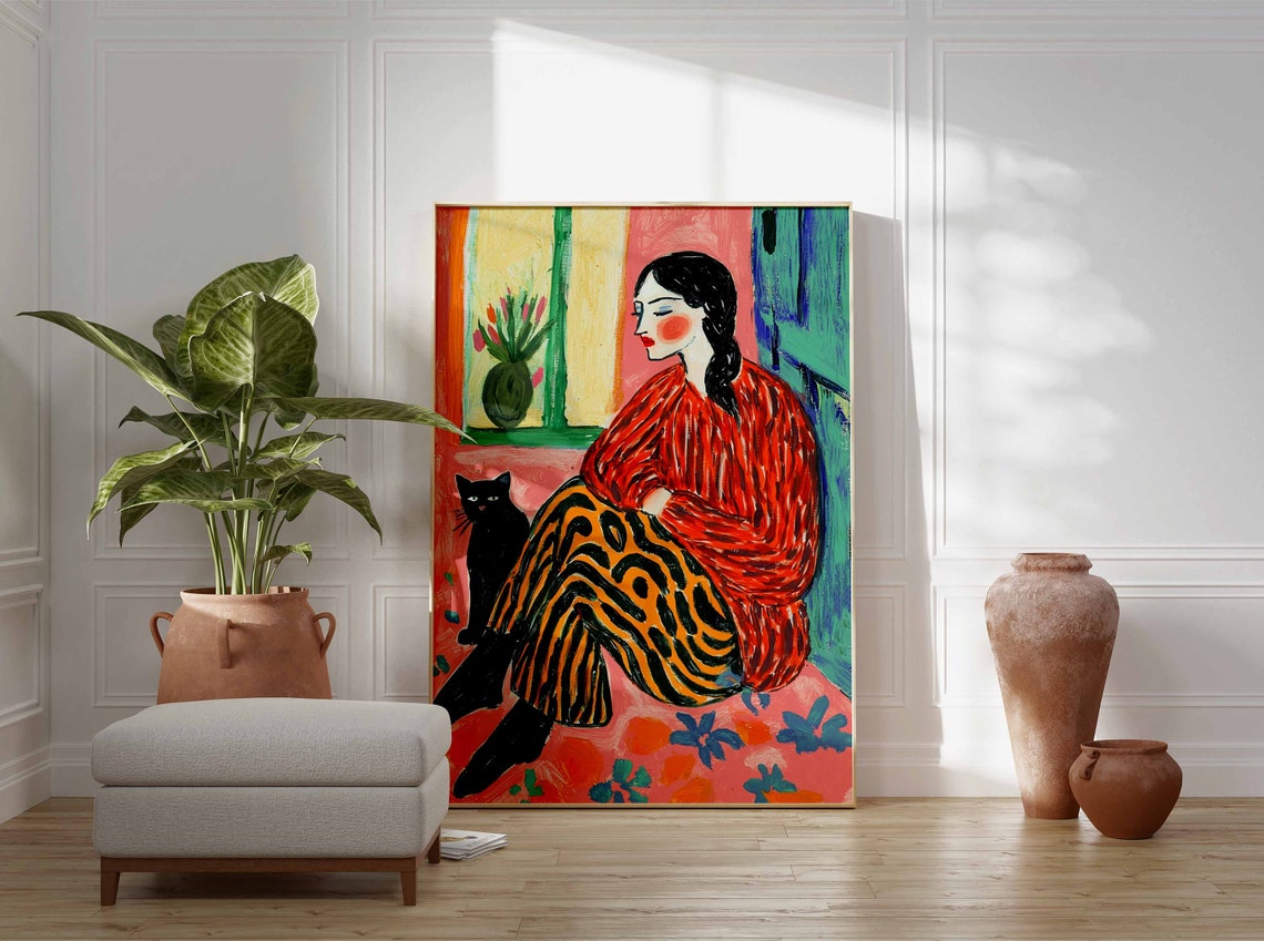 Woman By Window With Black Cat Red Striped Top Portrait Poster - Image 2