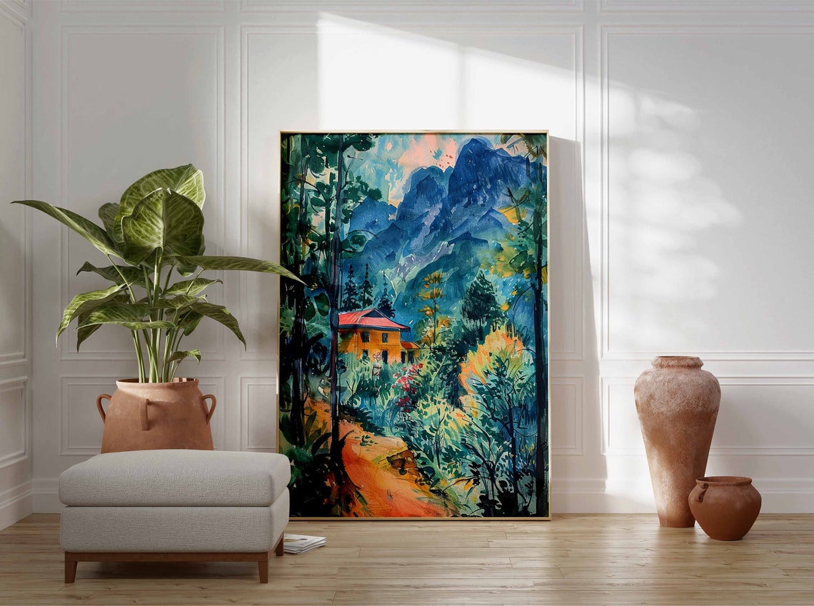 Orange Cabin Among Pine Trees Blue Mountain Watercolor Art Poster - Image 3