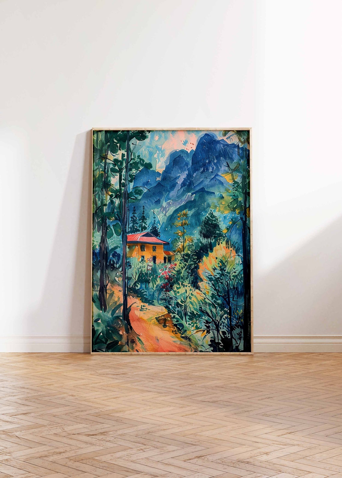 Orange Cabin Among Pine Trees Blue Mountain Watercolor Art Poster - Image 2