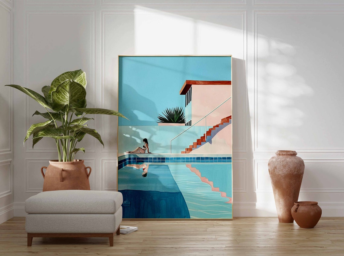 Woman Sitting Pool Edge Water Reflection Retro Summer Poster - Image 2