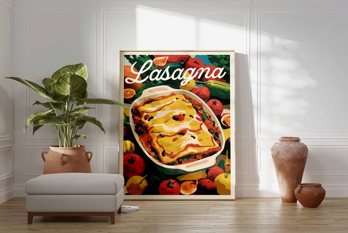 Lasagna Baked Dish Script Lettering Peppers Tomatoes Kitchen Poster - Image 3