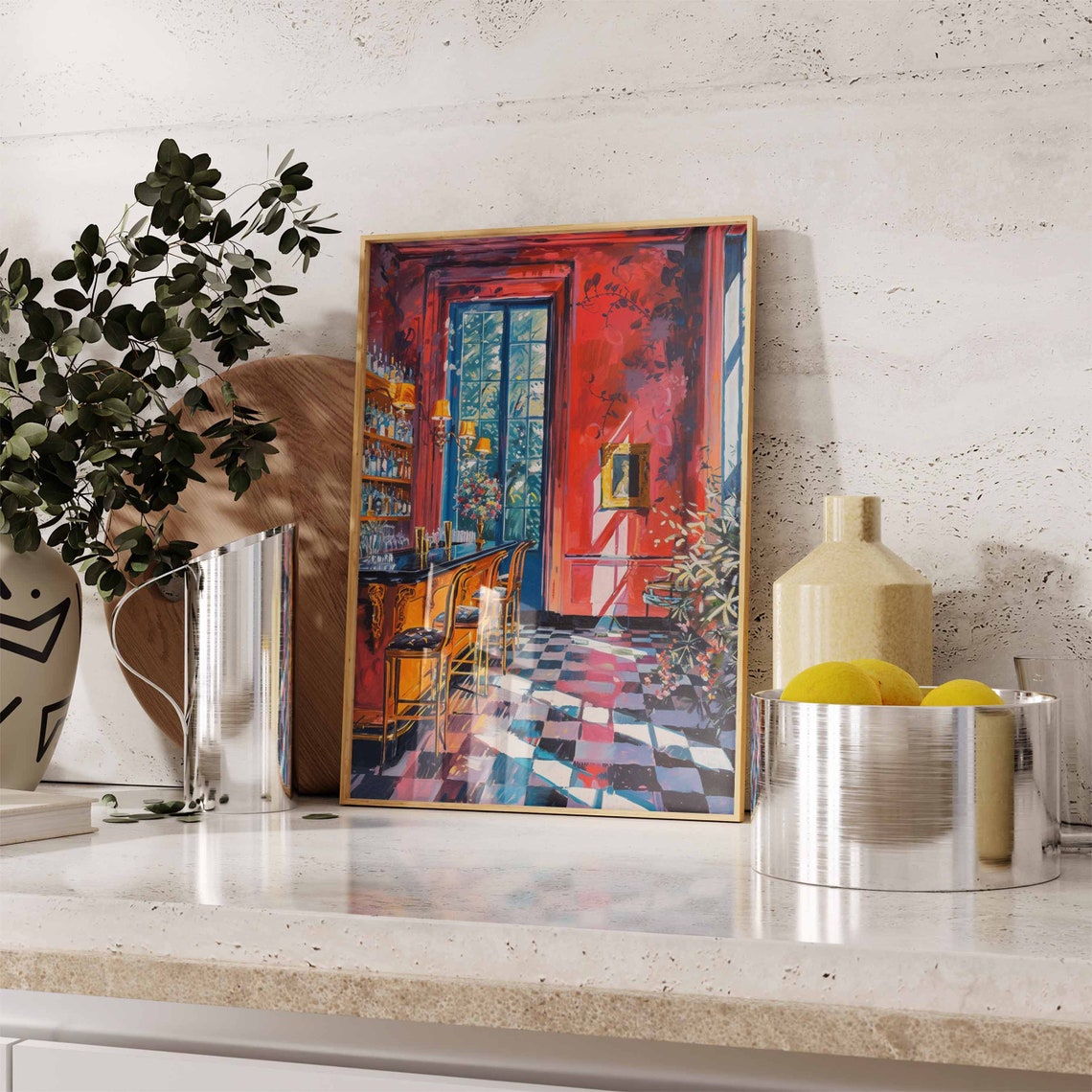 Red Cocktail Bar Chic Vintage Lounge Moody Interior Art Print - Image 3
