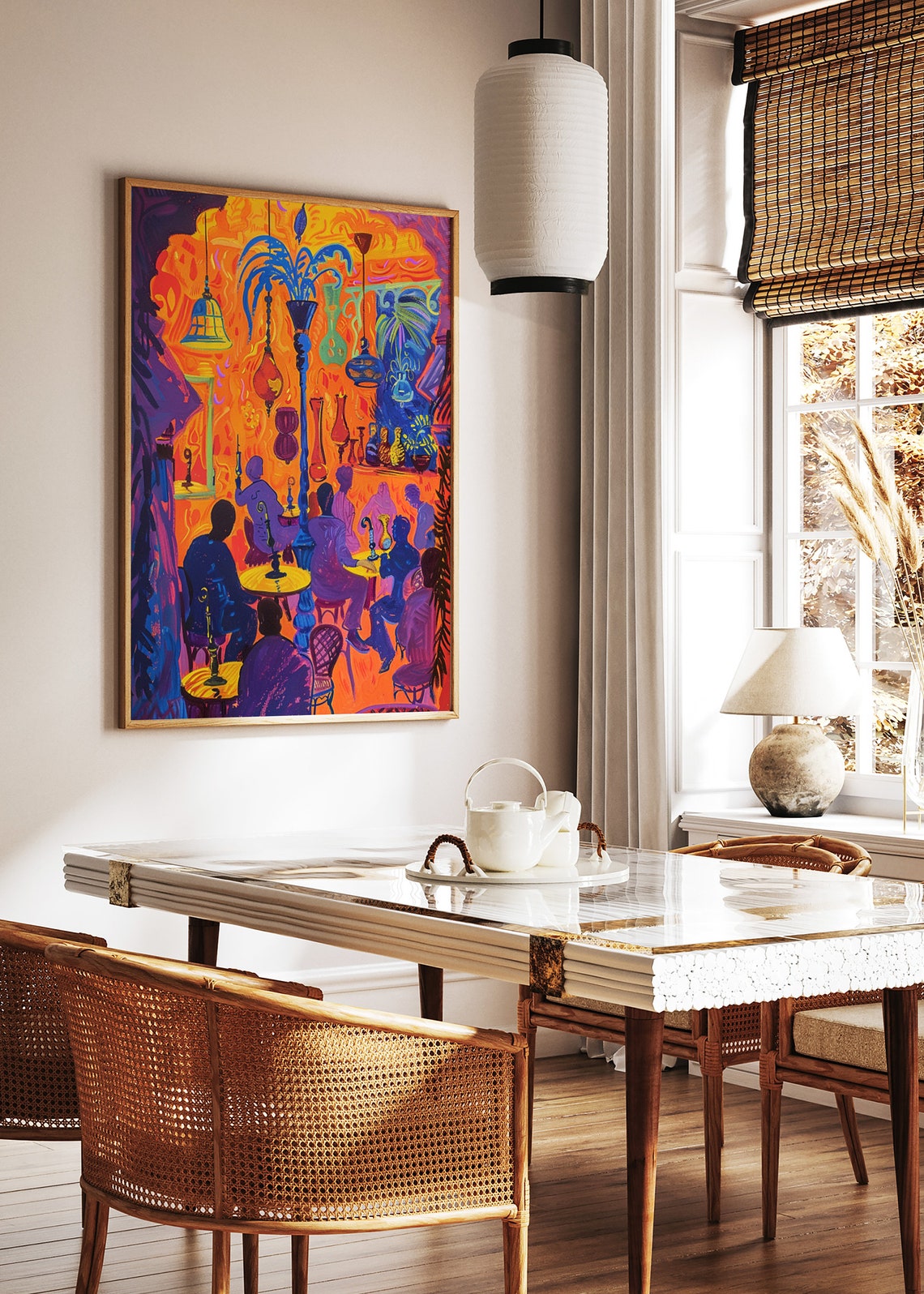 Vibrant Moroccan Cafe Hookah Lanterns Colorful Night Scene Poster - Image 2