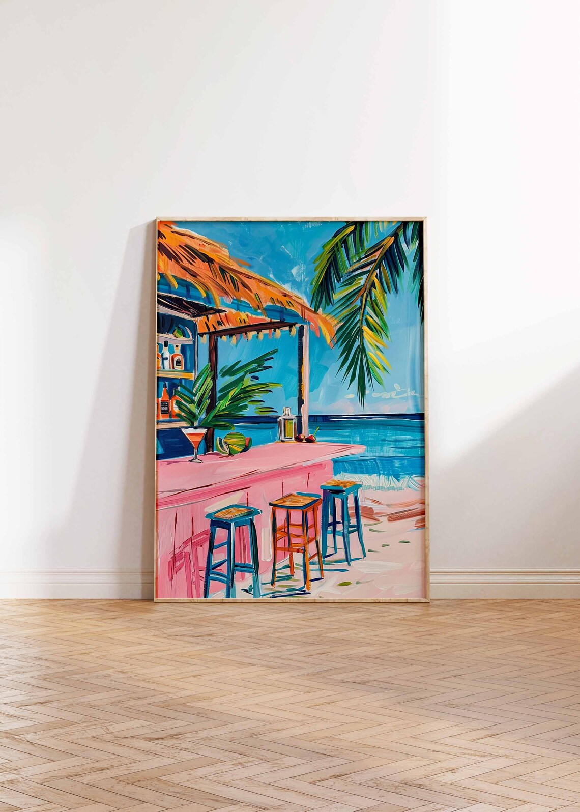 Pink Beach Bar Thatched Roof Colorful Stools Turquoise Ocean Scene Poster - Image 2