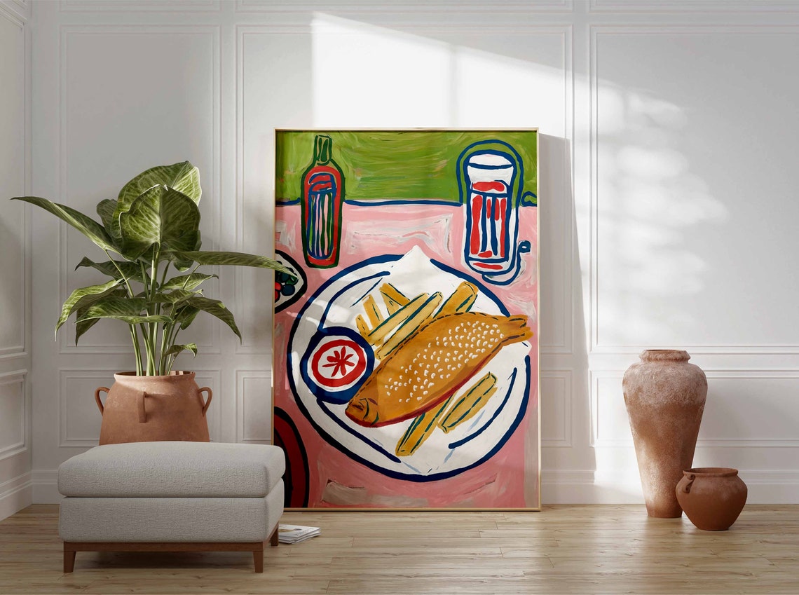 Battered Fish And Chips On Pink Table Bold Pop Food Art Poster - Image 3