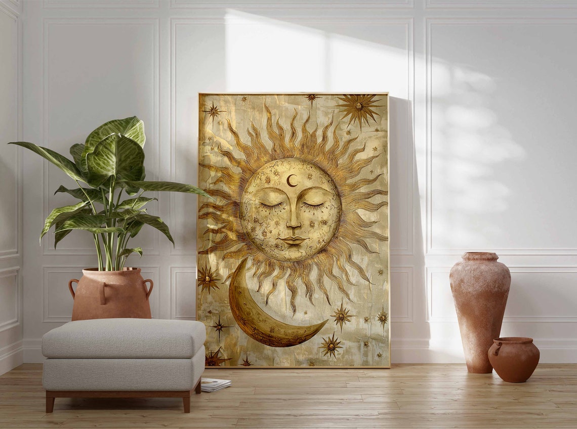 Gentle Golden Sun Face Above Crescent Moon Aged Parchment Poster - Image 3