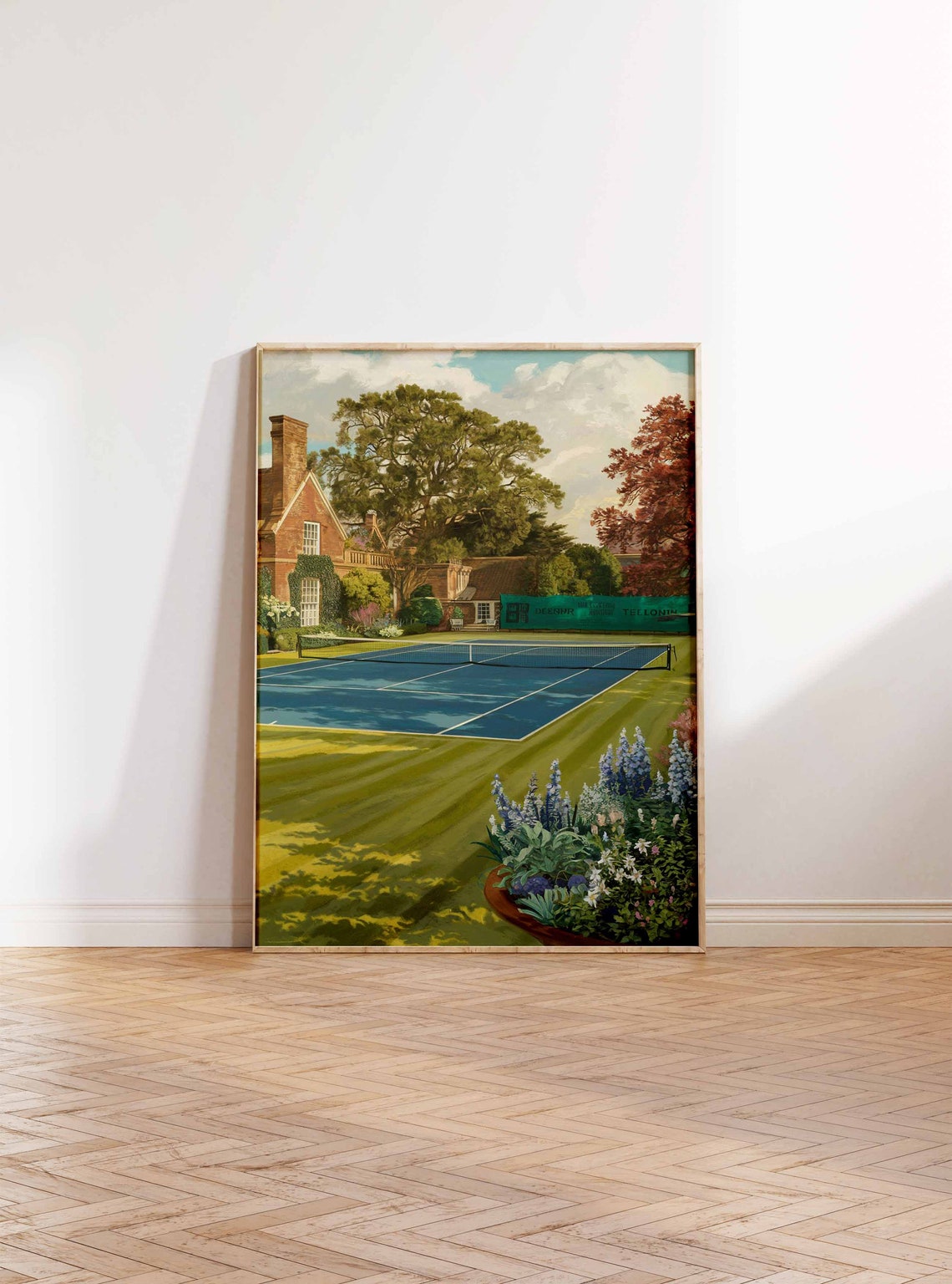 Charming Tennis Court Brick House Bluebell Garden Scene Poster - Image 3