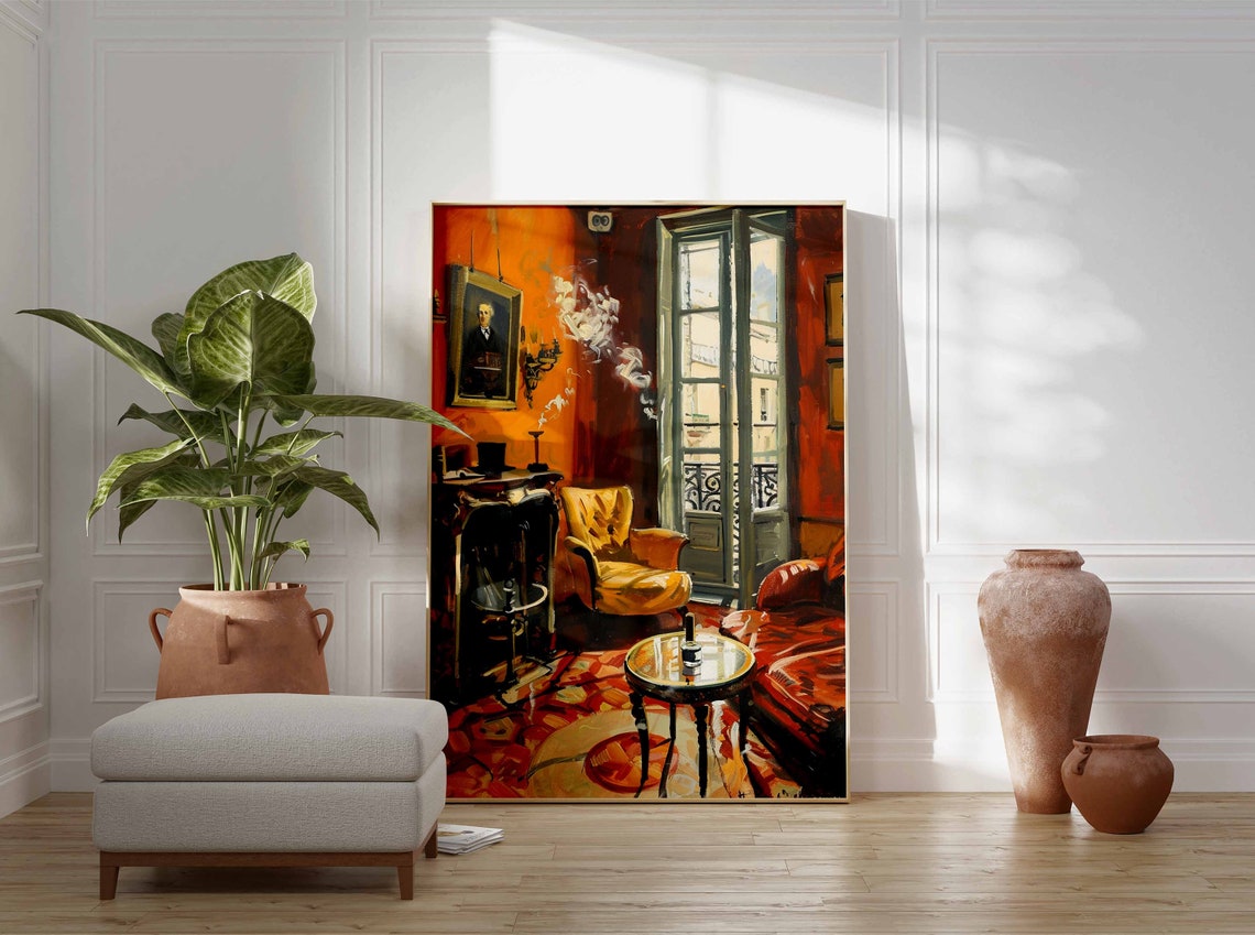 Red Smoking Room Armchairs Fireplace French Style Art Poster - Image 3