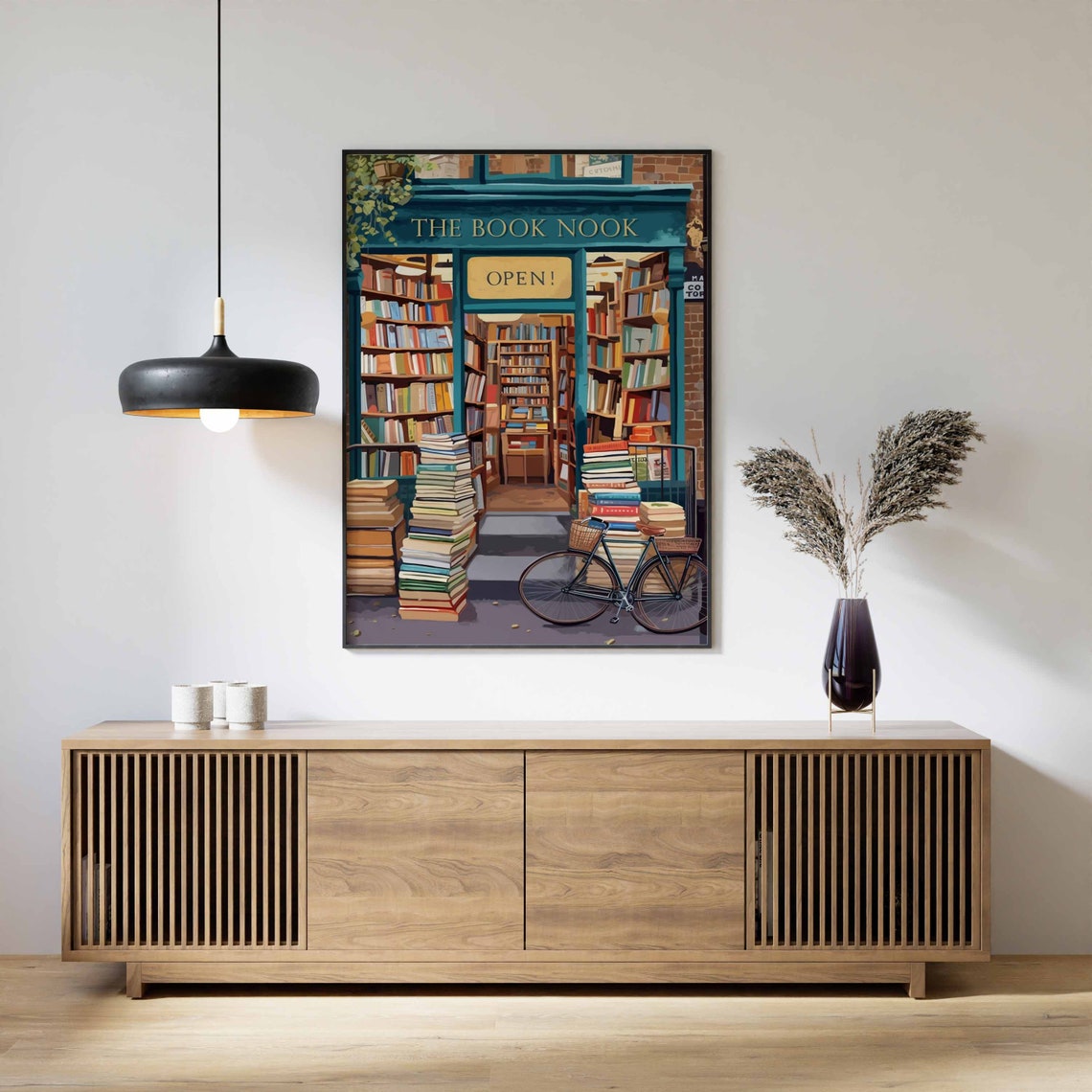The Book Nook Open Vintage Bookshop Storefront Bike Art Poster - Image 3