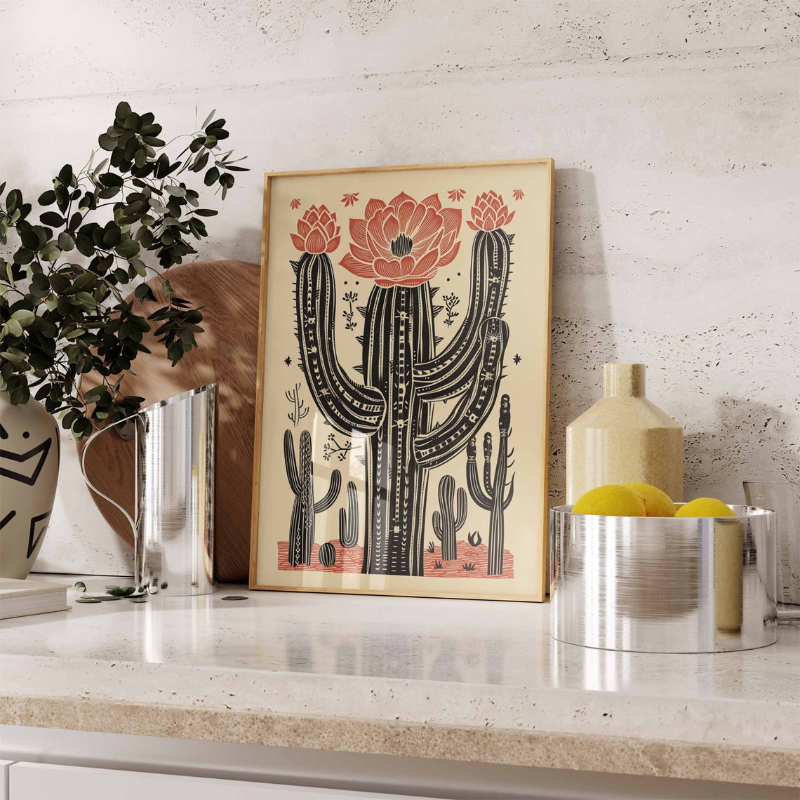 Vintage Mexican Cactus with Flowering Blooms Linocut Art Poster - Image 3