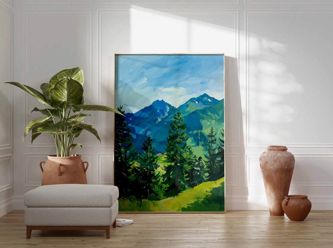 Sunny Alpine Meadow Evergreen Mountain Landscape Nature Art Print - Image 3