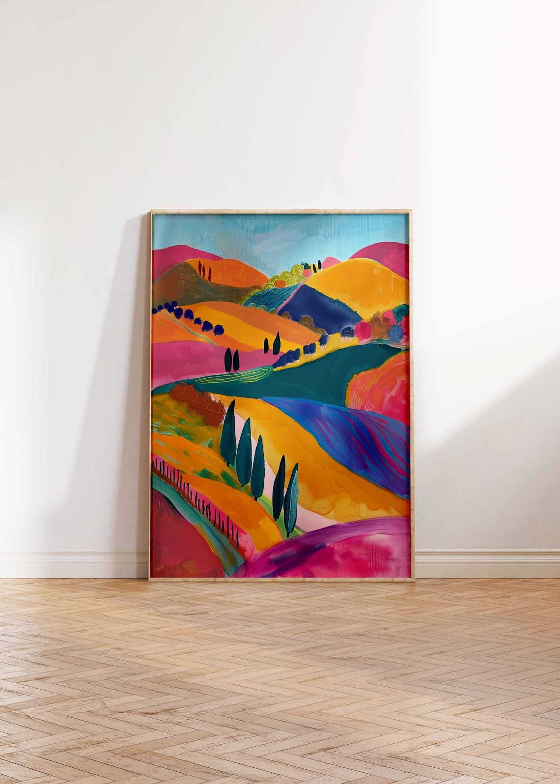 Colorful Rolling Hills With Cypress Trees Landscape Art Print - Image 2