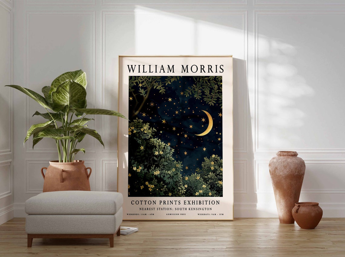 William Morris Crescent Moon over Blossom Bushes Night Poster - Image 3