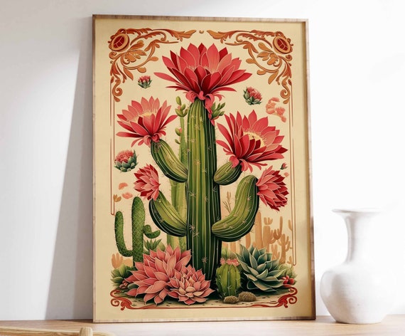Tall Columnar Cactus With Red Blossoms Ornamental Floral Poster Art