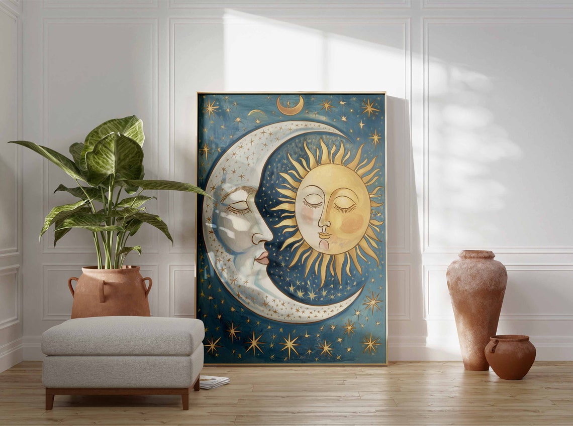 Romantic Crescent Moon Hugging Sun Vintage Celestial Art Poster - Image 3