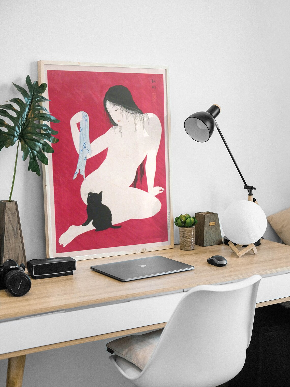Vintage Japanese Red Background Woman With Black Cat Figure Poster - Image 2