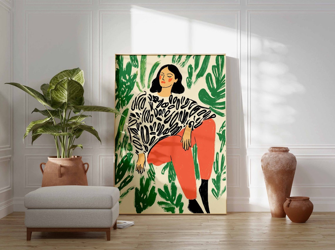 Resting Woman Black Patterned Top Coral Pants Botanical Poster - Image 2
