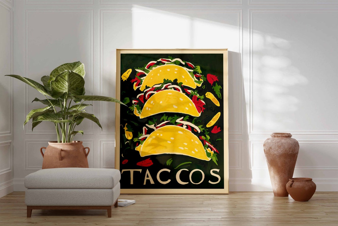 Bold Vintage Tacos Trio Dark Green Background Mexican Art Poster - Image 3
