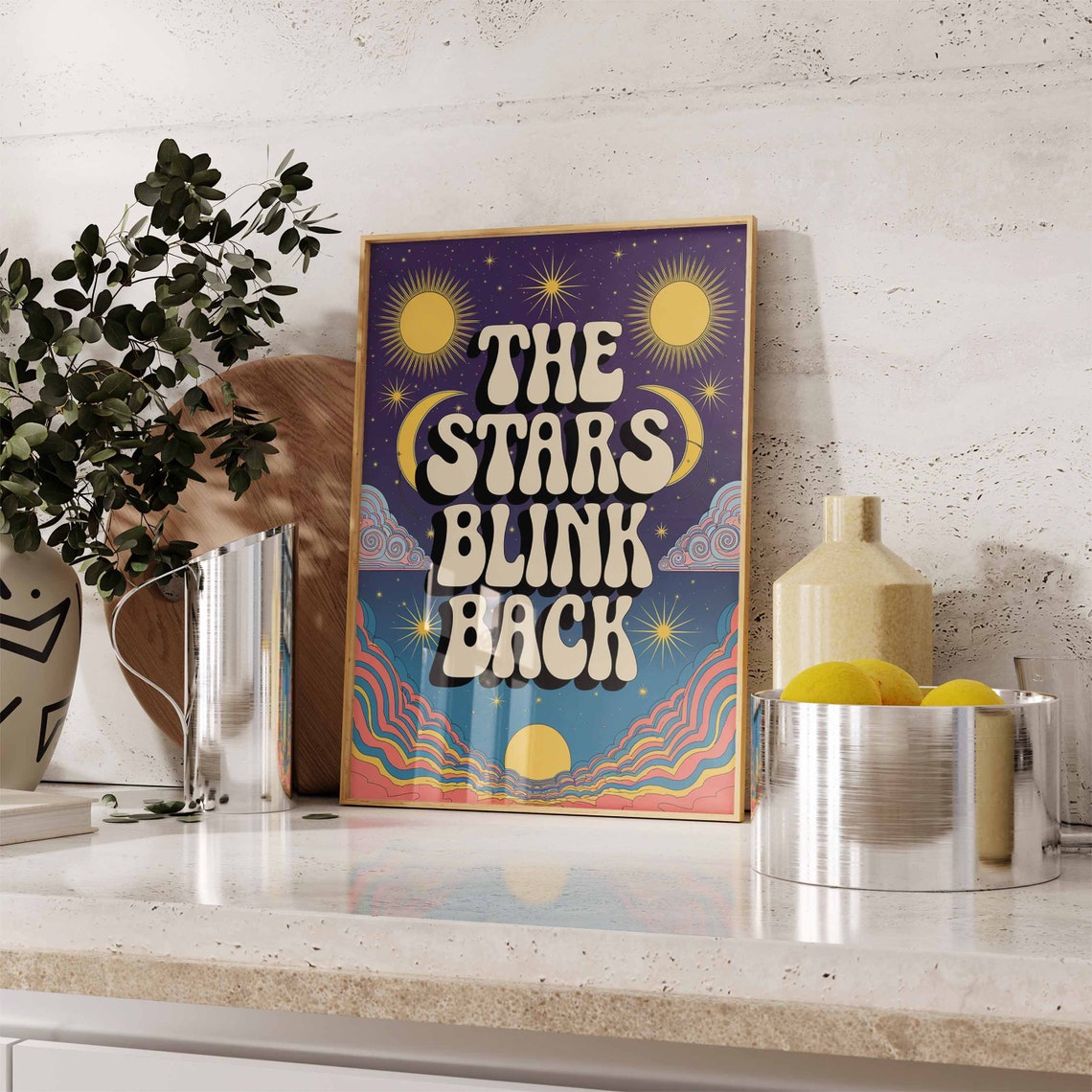 The Stars Blink Back Sun Moon Cosmic Retro 70s Quote Art Poster - Image 3
