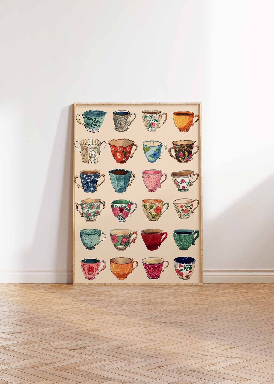 Vintage Illustrated Teacup Collection Grid Tea Lover Art Poster - Image 3