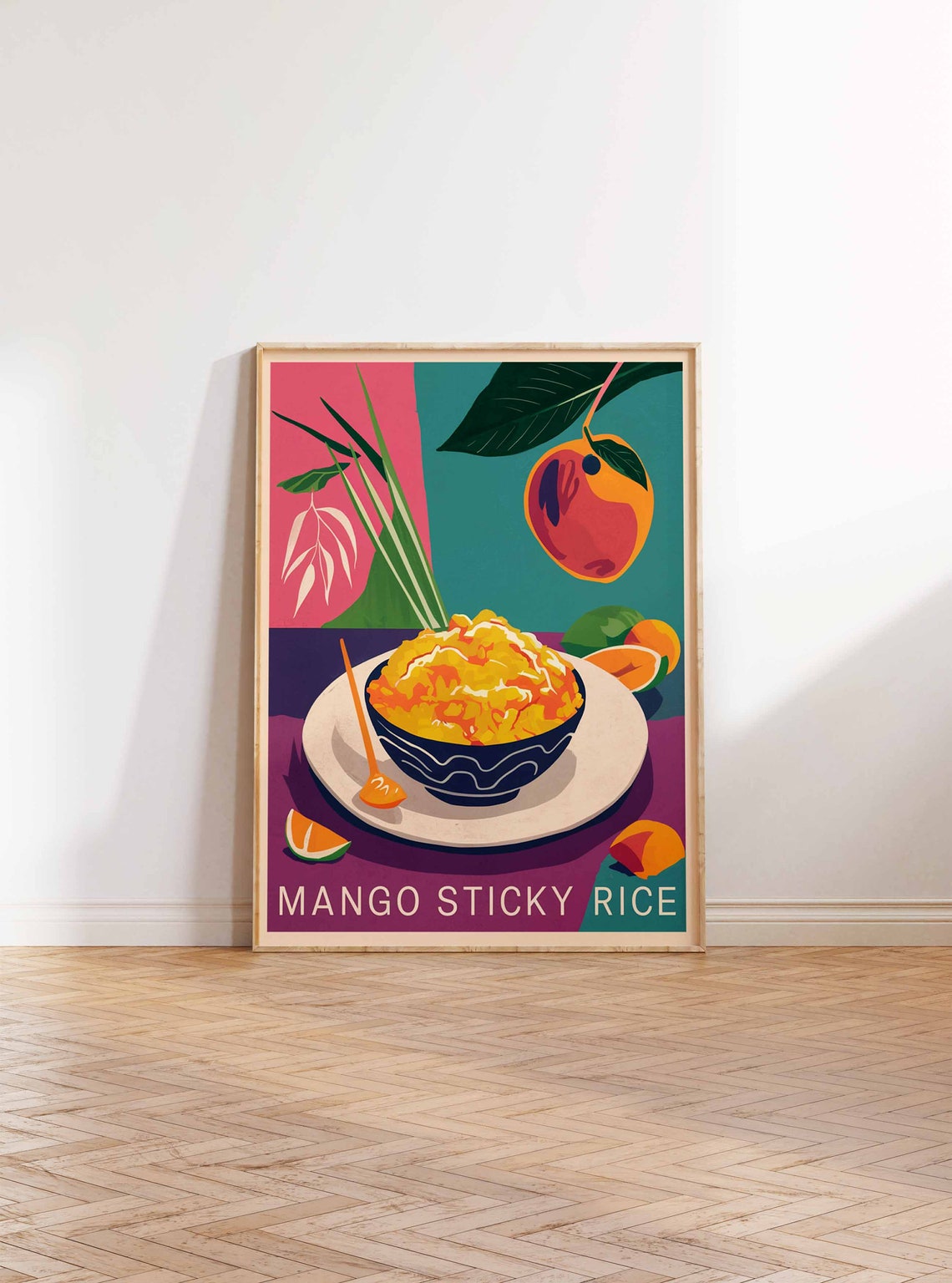 Mango Sticky Rice Bowl Thai Dessert Pink Teal Kitchen Wall Art - Image 2