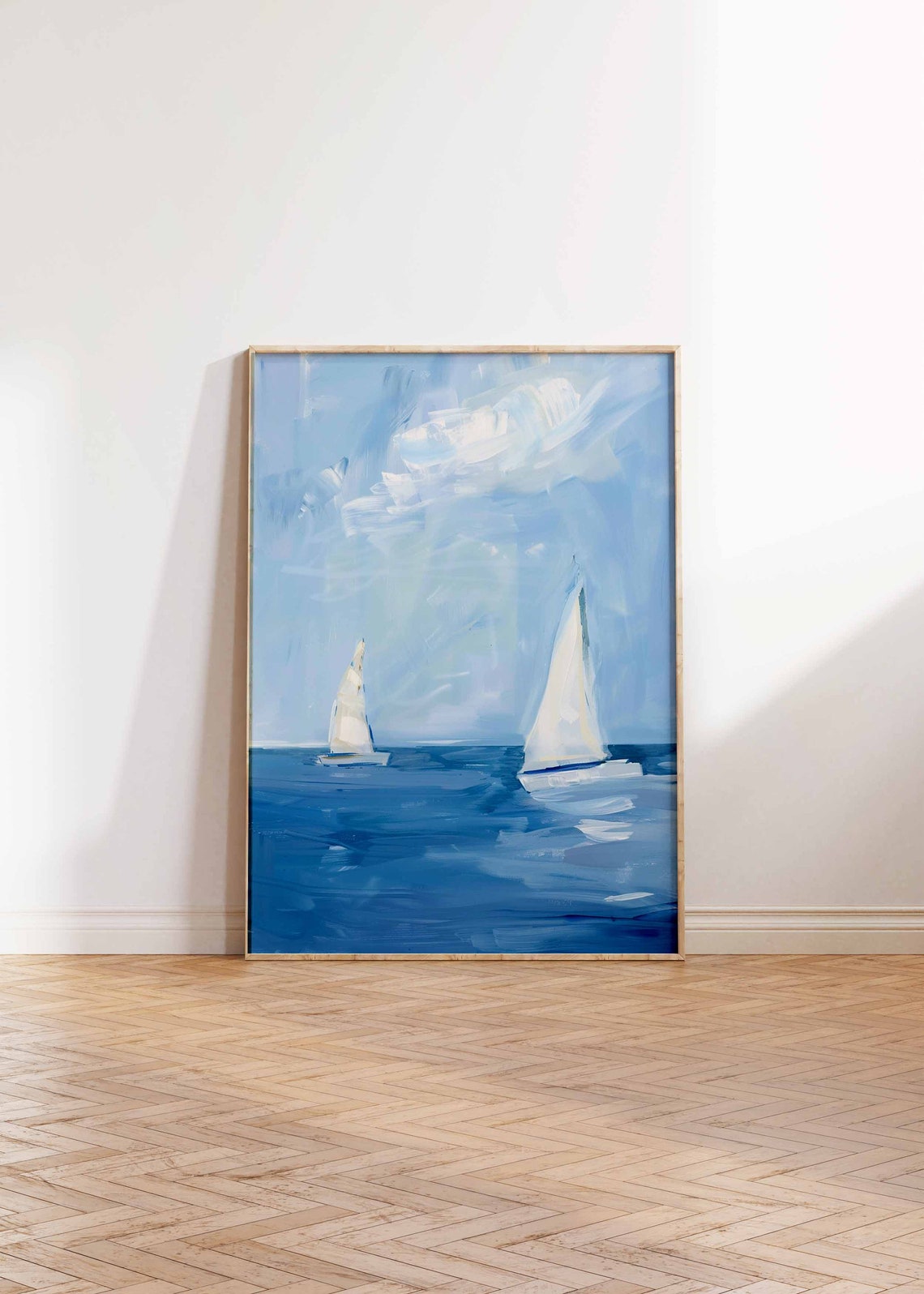 Two Sailboats on Blue Sea Light Sky Minimalist Nautical Art Poster - Image 2