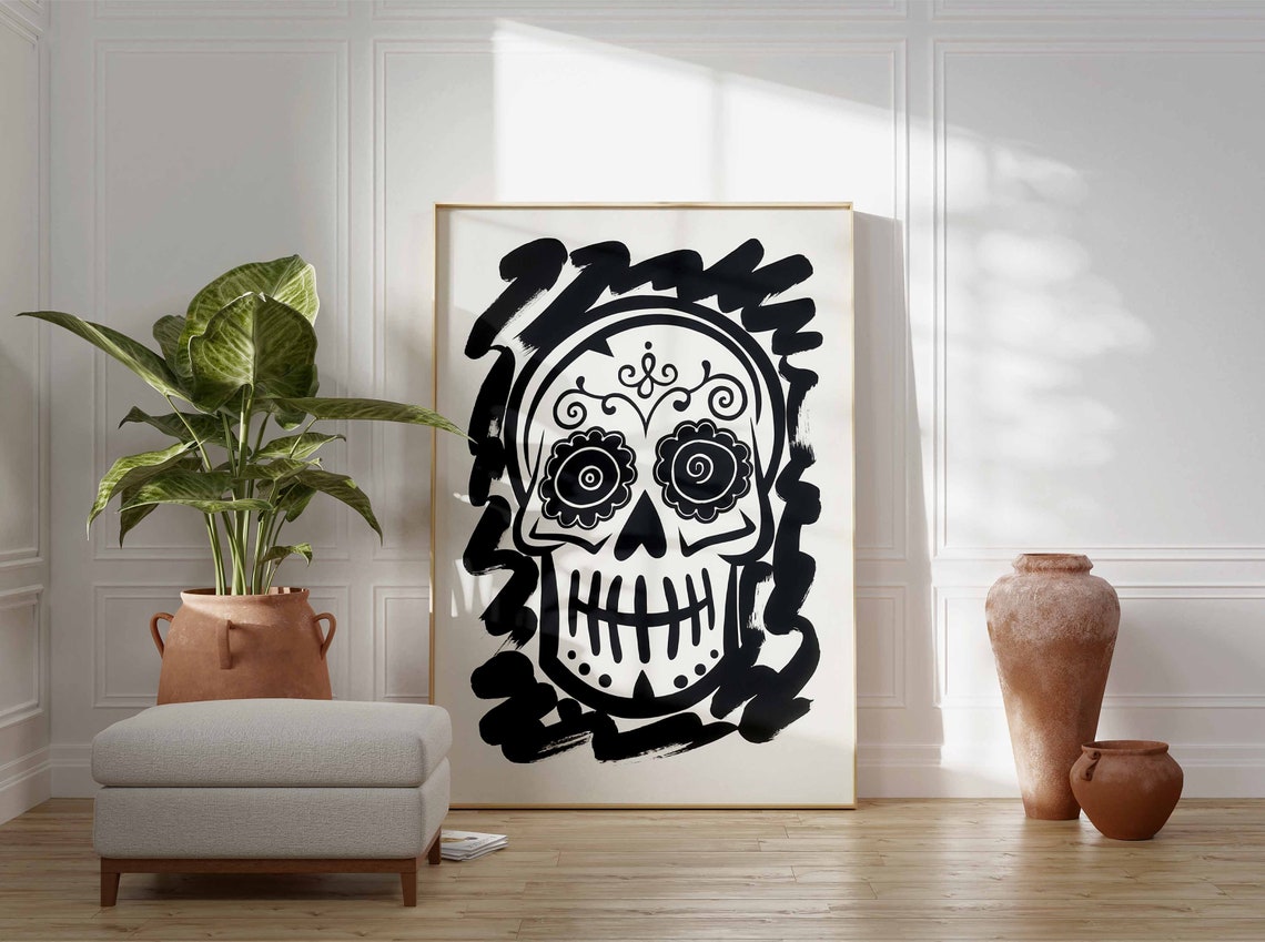 Ornate Sugar Skull With Round Eyes Black And White Art Poster - Image 2