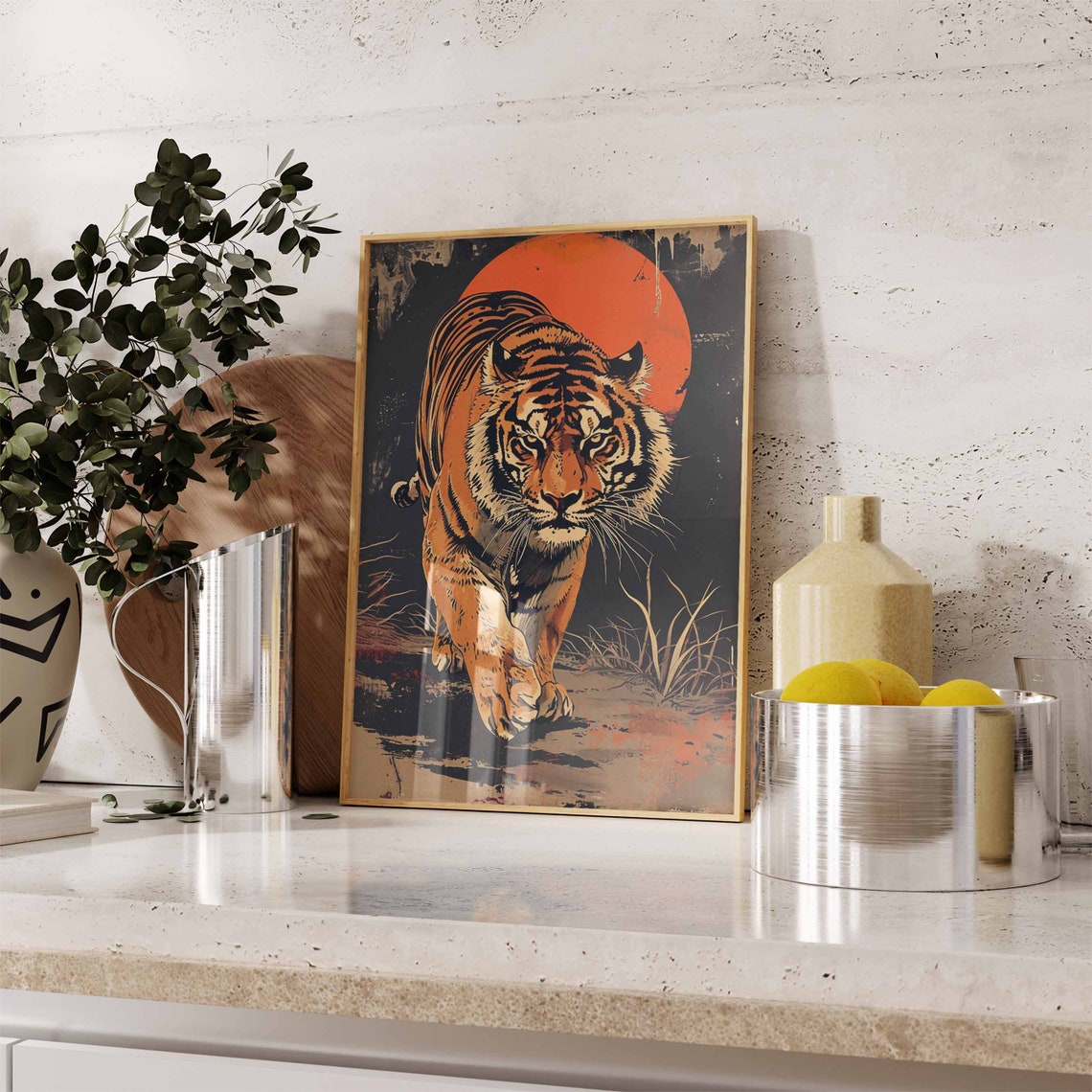 Vintage Tiger Prowling Orange Sun Japanese Style Jungle Poster - Image 3