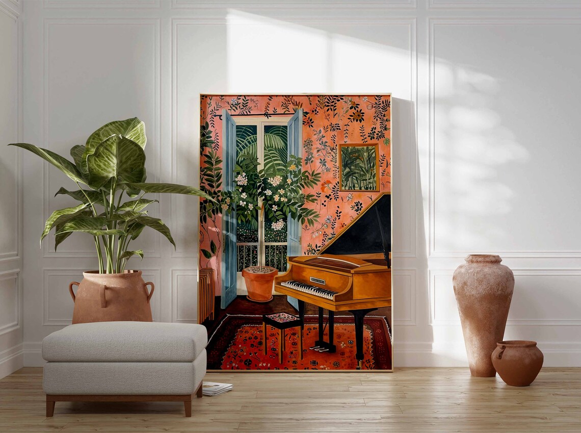 Grand Piano Elegant Music Room Botanical Interior Painting Art Poster - Image 2