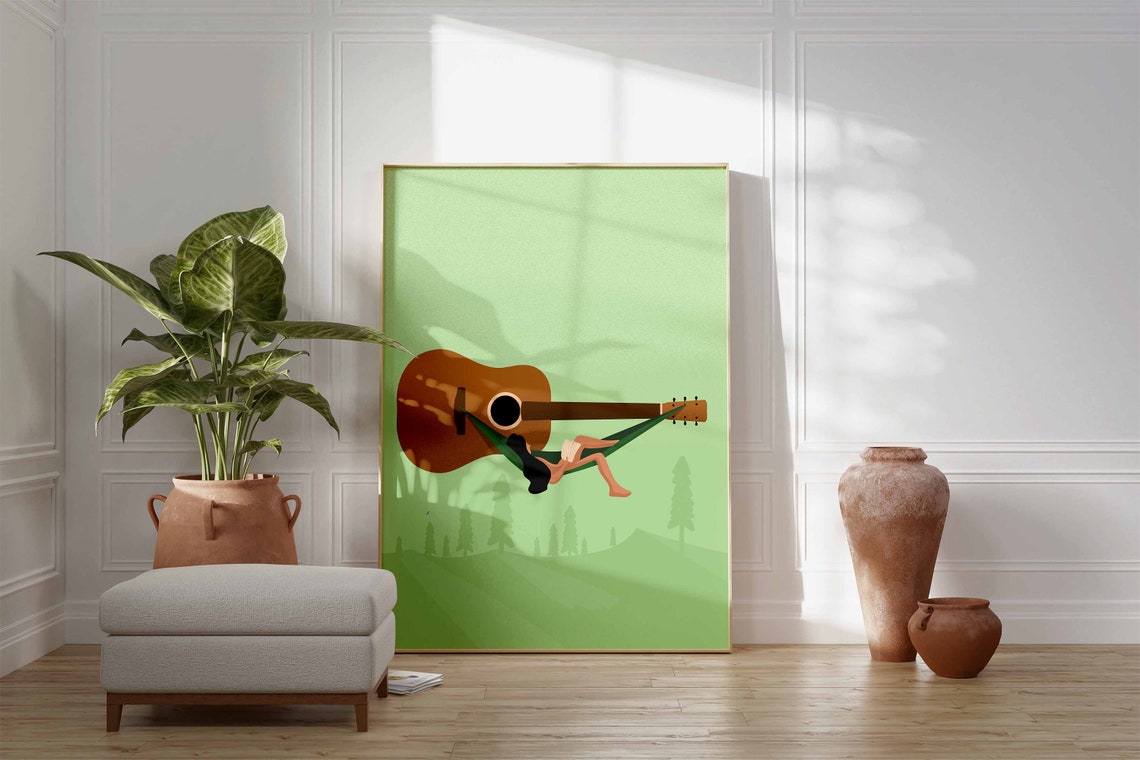 Girl In Hammock On Acoustic Guitar Green Retro Illustration Poster - Image 3