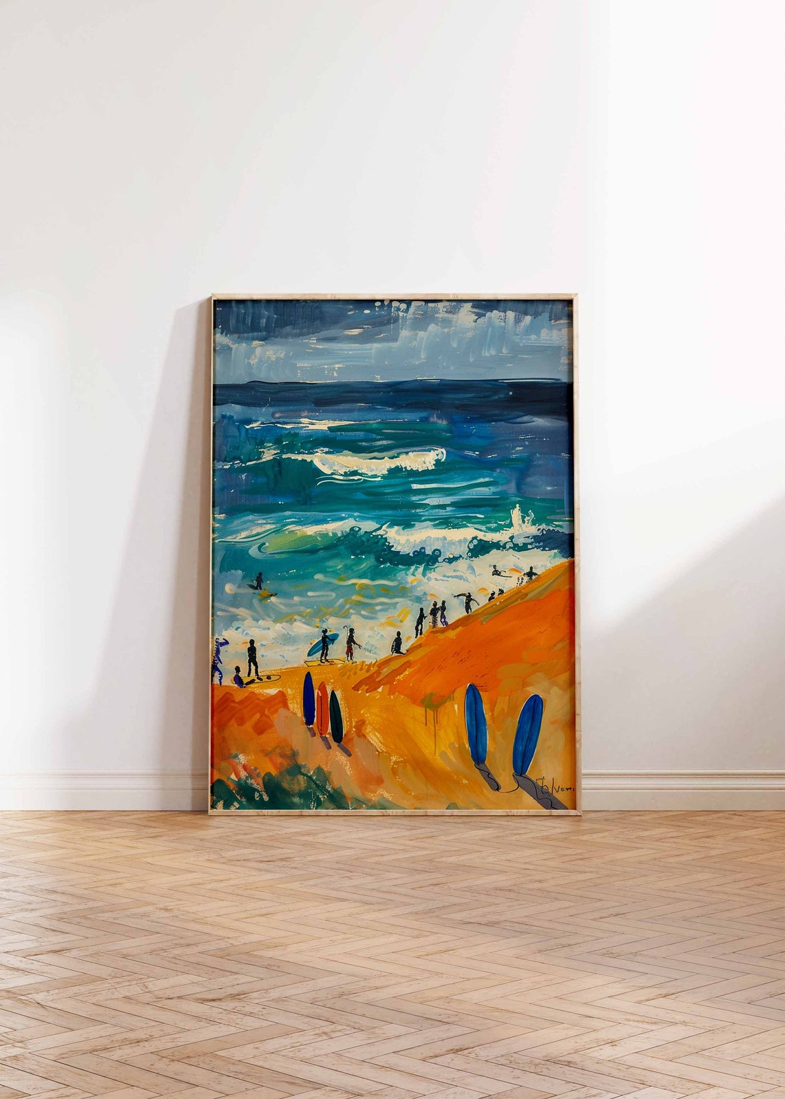 Surfers Golden Cliff Beach Waves Boards Coastal Scene Wall Art - Image 2
