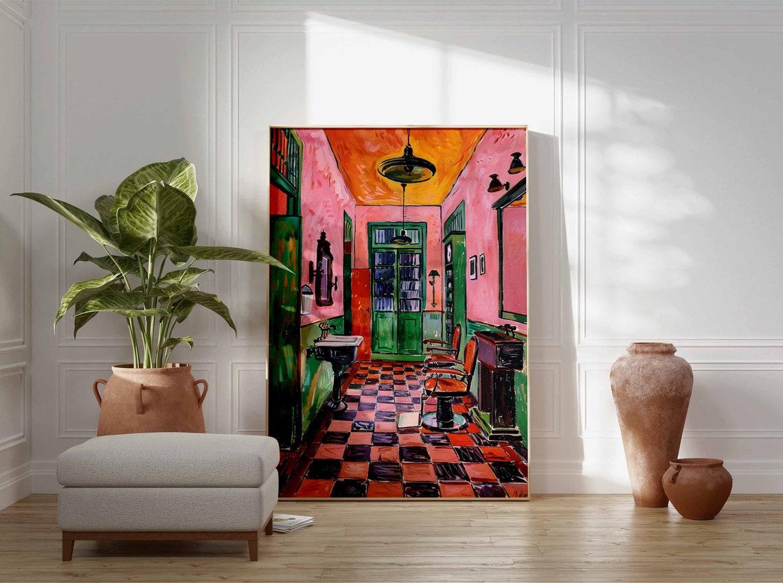 Pink Green Retro Barbershop Checkerboard Salon Interior Poster - Image 3