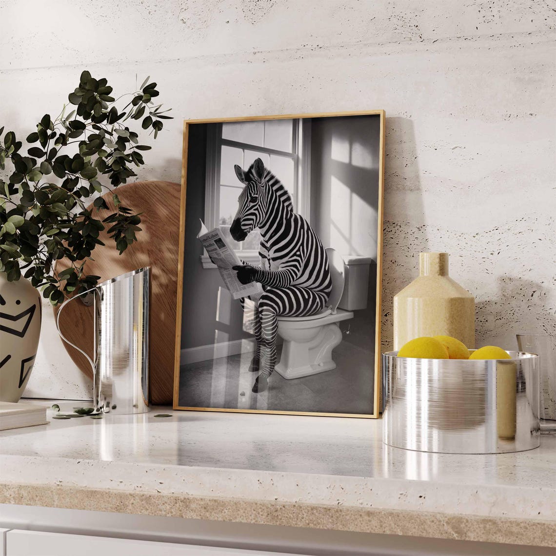 Zebra Reading Newspaper on Toilet Funny Bathroom Black White Poster - Image 2