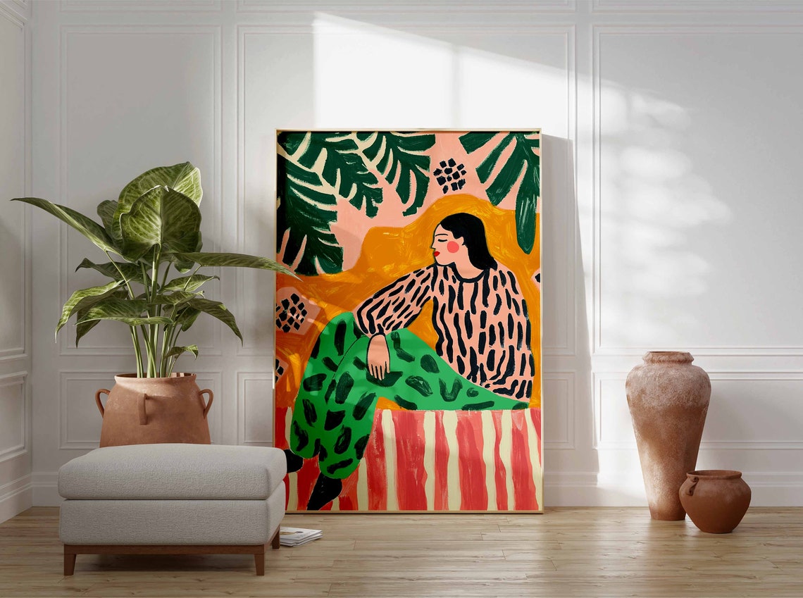 Reclining Woman in Bold Patterns Colorful Tropical Botanical Poster - Image 2