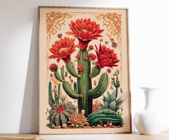 Red Blossom Cactus Botanical Illustration Vintage Mexican Art Poster