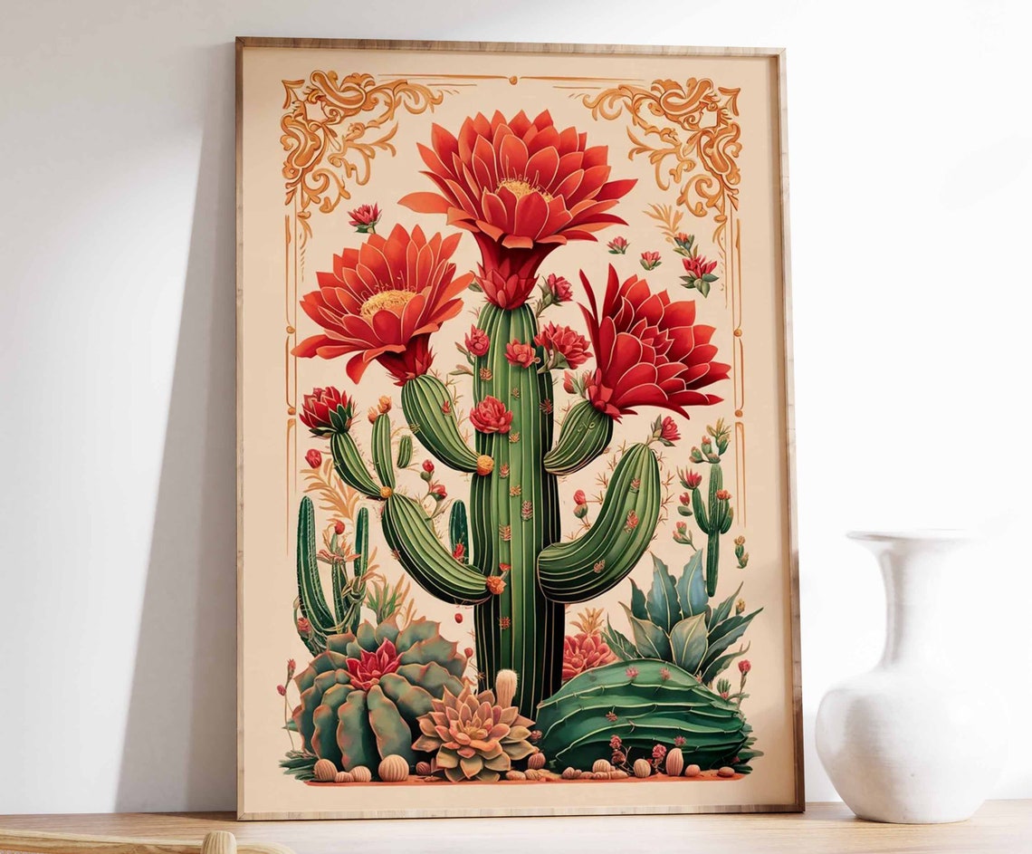 Red Blossom Cactus Botanical Illustration Vintage Mexican Art Poster