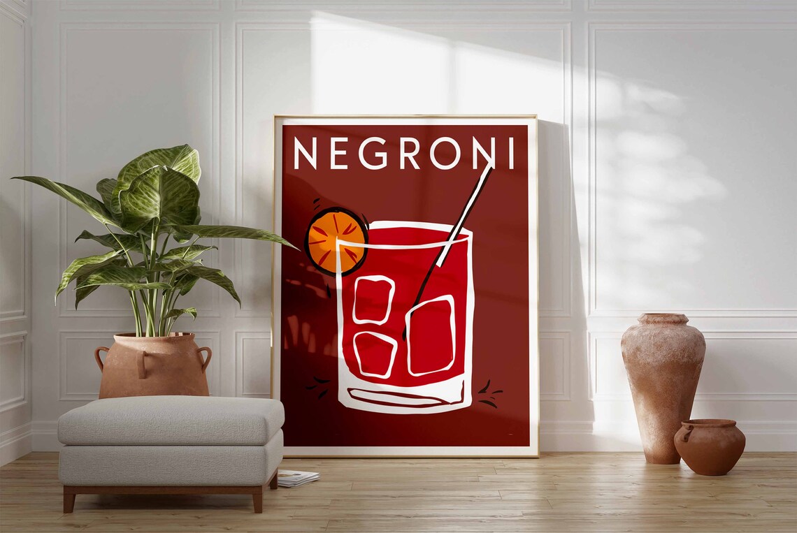 Negroni Cocktail Rocks Glass Orange Slice Burgundy Bar Wall Art - Image 3