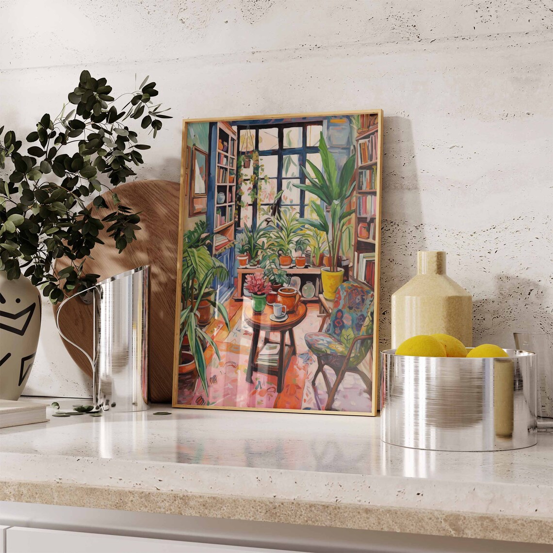 Cozy Plant Filled Sunroom Library Reading Nook Colorful Art Print - Image 3